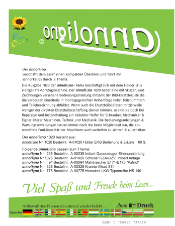 Holder Holzgas Traktor/Schlepper Zugmaschine Typ EHG Bild Bedienungsanleitung & Wartungsanleitung & Bild- Ersatzteilliste & Explosionszeichnungen - annoligno 1020